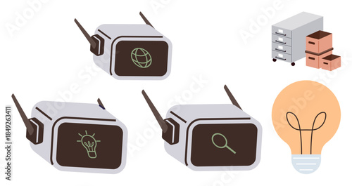 Virtual reality goggles showing idea, search, and web icons, a lightbulb symbolizing innovation, and file storage representing organization. Ideal for tech, innovation, research, innovation growth