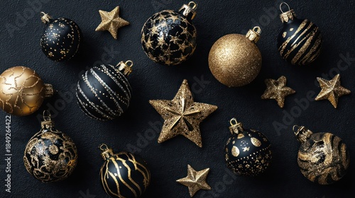 Gold and black ornaments with baubles and stars on a dark black table, top view flat lay