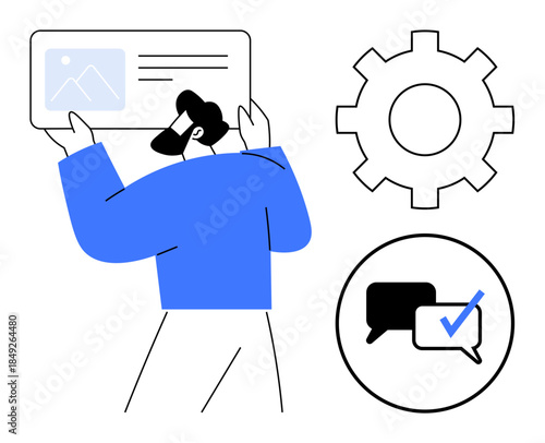 Man holding and examining document interface, gear for settings, and chat bubble with checkmark. Ideal for technology, organization, workflow, communication, productivity, content management data
