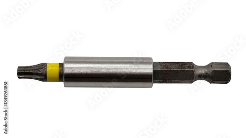 Fotografia Top view of a magnetic torx security screwdriver bit with hex shank extension, a durable steel power tool bit for precision fastening and drill driver use, isolated on white background