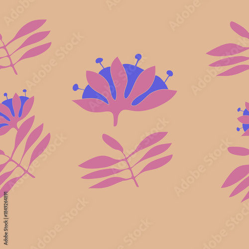 Horizontal  colored branch, flower. Hand drawn.