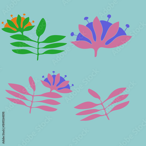 Cartoon  colored branch, flower. Hand drawn.