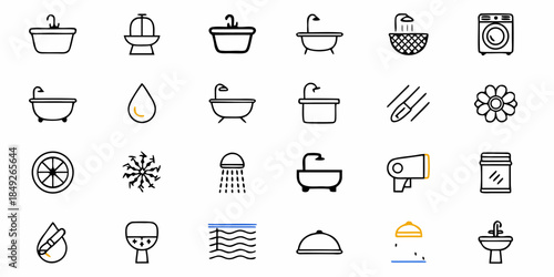 Bathroom Icons Set, Black and White Line Art Symbols for Shower, Bathtub, Sink, and Hygiene Products