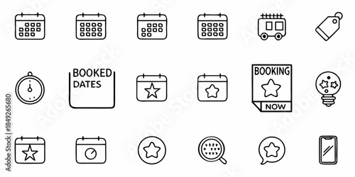 Calendar icons for booking and scheduling, including star ratings and reminders
