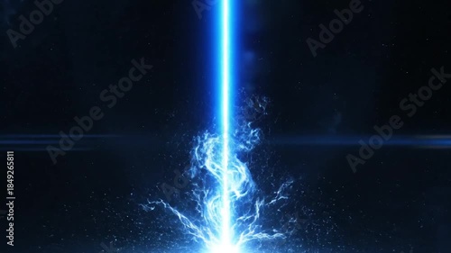Abstract illustration of a bright blue laser beam against a dark background concept for design