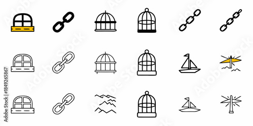 Nautical and Captivity Icons Set, Featuring Bird Cages, Chains, Boats, and Sails in Simple Line Art Style