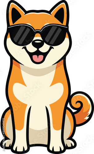 Cool shiba inu dog cartoon illustration wearing stylish sunglasses, happily smiling with tongue out, fun pet character vector art sitting