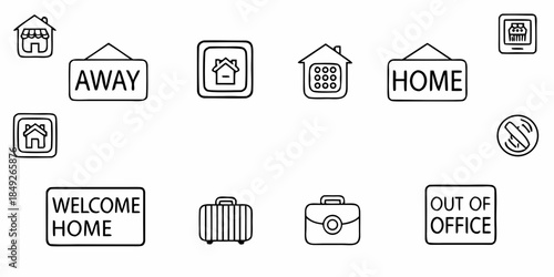 Travel and Home Icons Set, Including Signs and Symbols for Away, Welcome, and Office