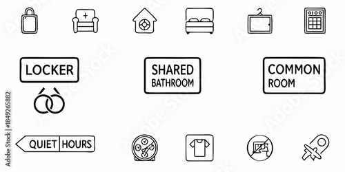 Hotel Amenities and Services Icons, Symbols for Accommodation and Hospitality Industry