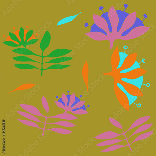 Stylized colored branch, flower. Hand drawn.
