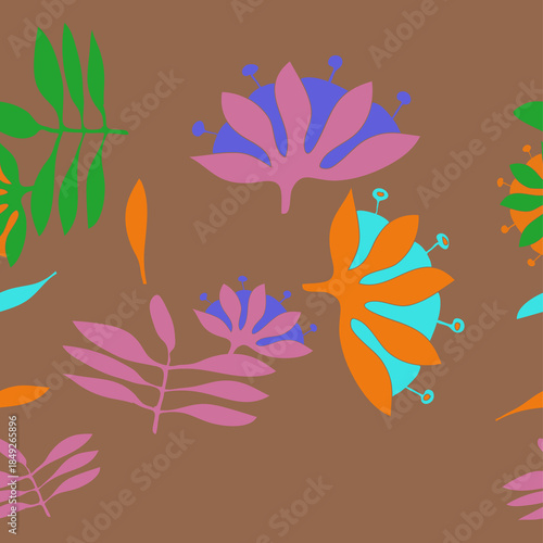 Horizontal  colored branch, flower. Hand drawn.