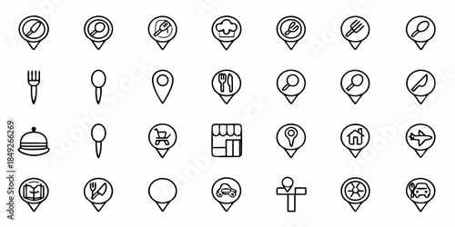 Food Location Icons Set, Restaurant Symbols, Map Markers, and Utensils for Navigation and Culinary Apps