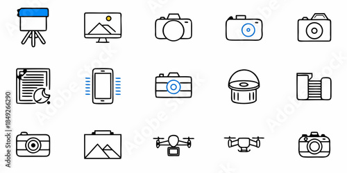 Photography Icons Set, Camera and Equipment Symbols for Design and Marketing