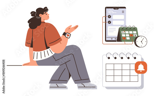 Woman sitting while checking task list on smartphone, surrounded by calendar, event reminder, and clock. Ideal for productivity, scheduling, organization, time management, planning multitasking