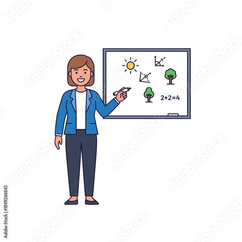 Woman teacher explaining math concepts on whiteboard