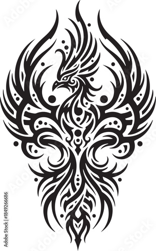 Phoenix tribal tattoo design in black and white, mythical bird symbol of rebirth, abstract intricate detailed art on a transparent background.
