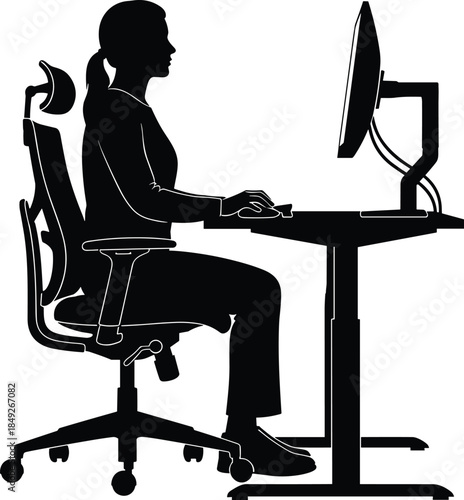 Ergonomic workstation, office silhouette, person at desk, computer posture, black and white illustration, productivity, workplace setup, seated figure, monitor, chair