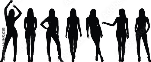 Fashion silhouette women in heels, standing poses, black illustration, body language, stylish figure, modeling concept, white background, elegance icon
