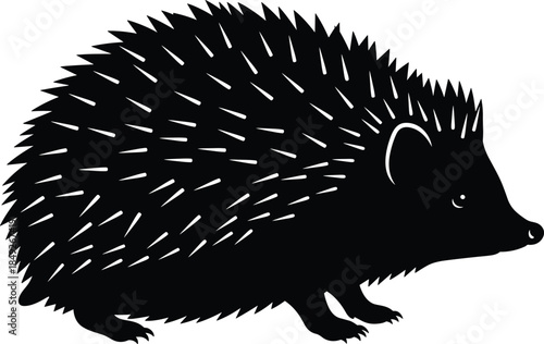 Hedgehog silhouette, animal profile, black and white illustration, spiny mammal, nature icon, wildlife graphic, pet symbol, forest creature, vector art