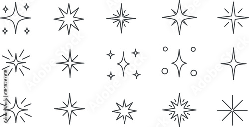 A versatile collection of minimalist sparkle and star outline icons perfect for modern design elements and graphic resources