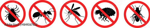 Insect control, pest prevention, silhouette illustration, tick, ant, mosquito, flea, fly, red prohibition sign, vector graphic, hygiene, safety