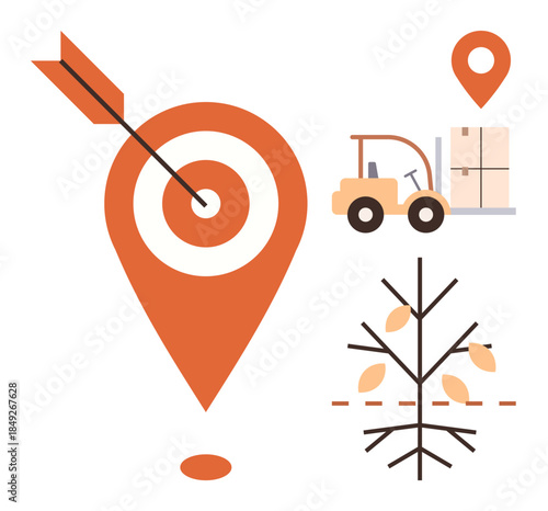 Orange location pin with arrow target, forklift carrying package, and tree losing leaves. Ideal for logistics, goal setting, navigation, delivery, precision supply chain and optimization. Simple