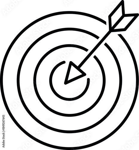 Clean black outline target icon with a precise arrow hitting the exact bullseye symbolizing business success and goal achievement strategy