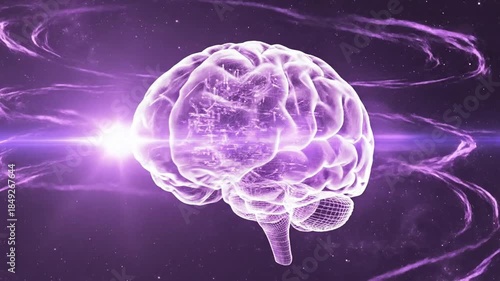 Abstract illustration of a human brain with glowing energy streams against a dark backdrop