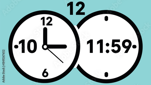 Conceptual image illustrating the passage of time with a classic analog clock showing three oclock and a modern digital countdown to midnight