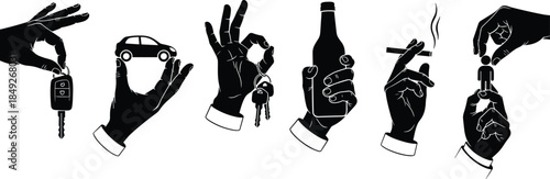 Silhouette hand gestures with car keys, beer bottle, cigarette, small car, human figure, adult behavior concept, black background