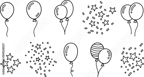 Line art illustrations of various festive balloons and decorative confetti including scattered stars perfect for party designs and celebrations