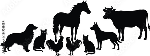 Silhouette, animals, farm, pet, dog, cat, rooster, horse, cow, domestic, livestock, black, profile, group, illustration, design, agriculture, animal care, rural, graphic