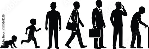 Silhouette, human, life, stages, aging, timeline, development, growth, childhood, adulthood, elderly, journey, evolution, people, graphic, illustration, transformation, identity, progression