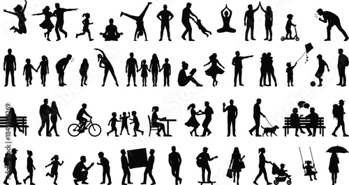 Silhouette, people, activity, lifestyle, interaction, movement, black, human, group, pose, dancing, walking, reading, cycling, exercise, meditation, children, adults, community, illustration