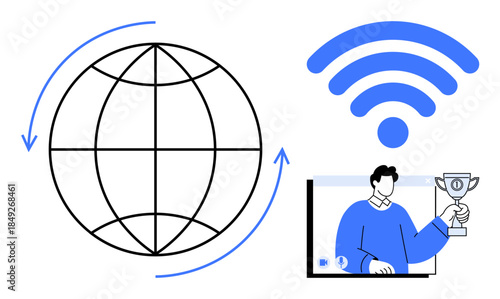 Globe with rotation arrows, wireless icon, and person holding trophy on screen representing global connectivity, online success, remote communication. Ideal for network growth, digital achievements
