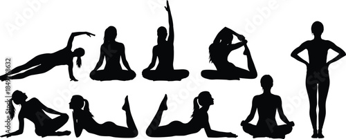 Yoga poses, silhouette illustration, fitness activity, meditation posture, black and white graphic, wellness concept, flexibility, balance, exercise art, healthy lifestyle