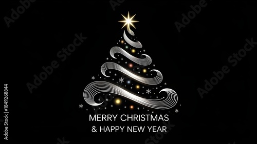 Elegant Stylized Christmas Tree With Swirling Ribbons, Star Topper, And Soft Lights On Black Background