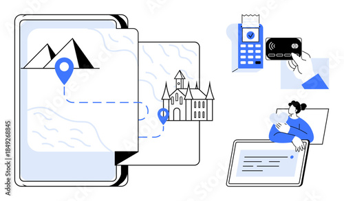 Travel navigation. Travel navigation with maps, landmarks, and route planning. Travel navigation integrating online booking and secure payment technology. Perfect for tourism, apps, maps, fintech UX