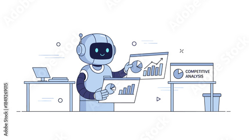 Illustration of a robot analyzing competitive data with charts and graphs