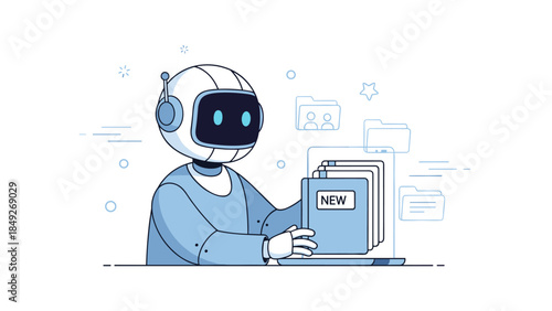 Friendly robot organizing digital files with new folder on laptop screen