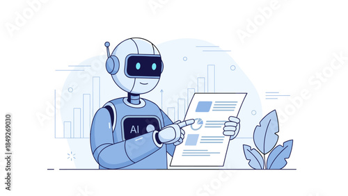 Futuristic ai robot analyzing data chart in blue tones
