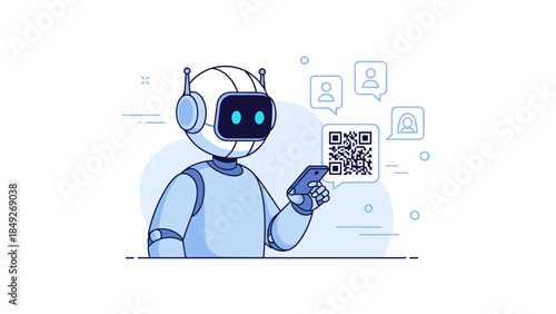 Robot scanning qr code with smartphone in futuristic style artwork