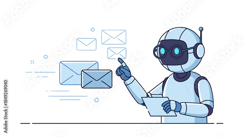 Robot sorting digital letters with tablet in technological environment