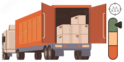Cargo truck loaded with cardboard boxes, back door open, next to a gauge icon with a performance level. Ideal for transportation, supply chain, delivery, logistics, efficiency, warehouse simple flat