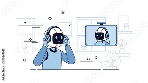 Cartoon robot streaming with headphones in modern studio interior