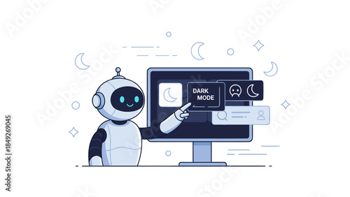 Robot activates dark mode on computer screen with moon icons