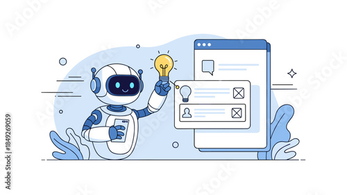 Friendly robot generating creative ideas in digital interface animation