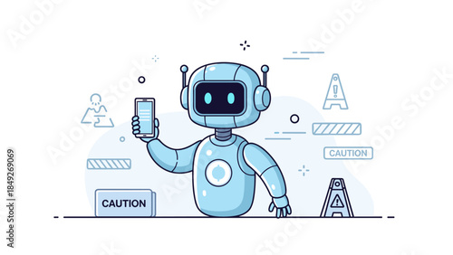 Friendly cartoon robot holding smartphone amid caution signs