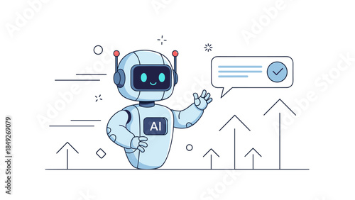 Friendly ai robot with speech bubble communicates in digital environment
