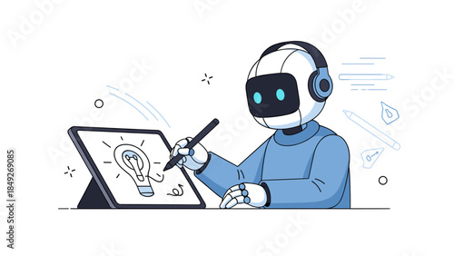 Ai robot artist sketching innovative idea on digital tablet